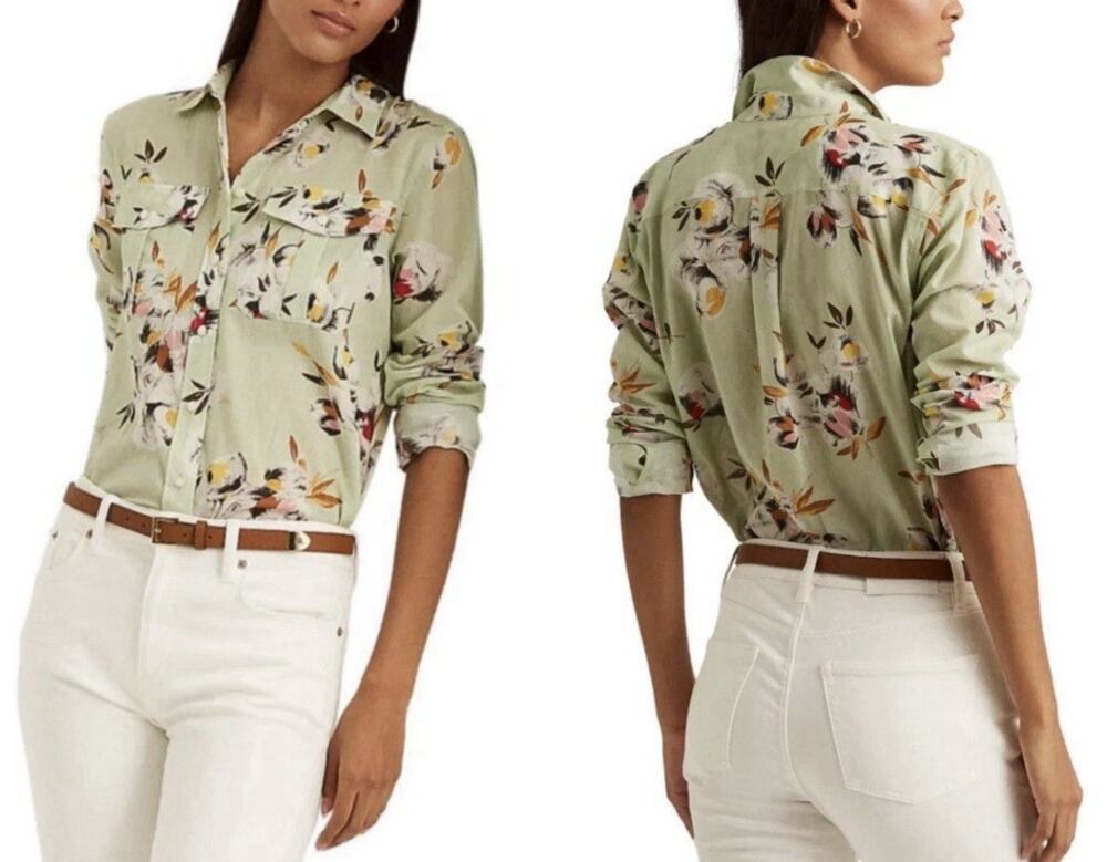 Ralph Lauren Black Label Women M Button Up Floral Print 100% Cotton Semi Sheer